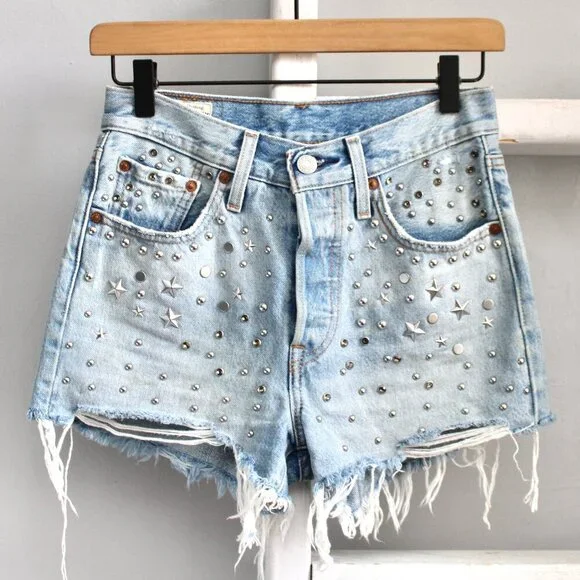 Levi's 501 High Rise Embellished Asteroid Studs Light Wash Cutoff Shorts sz 24 - Picture 1 of 10